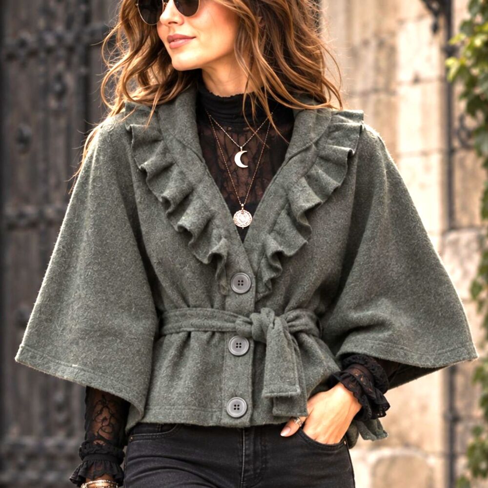 Dark Gray Ruffle Mock Neck Button Cape Vest Whimsigoth Ren Faire Poncho Coat XS